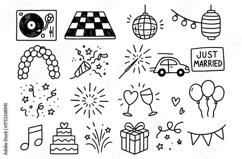 Hand drawn celebration icons: party, wedding, dance, and fun elements
