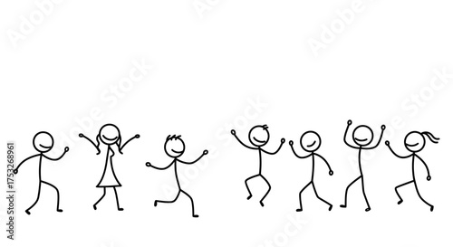 Stick figure characters joyfully dancing in minimalist style