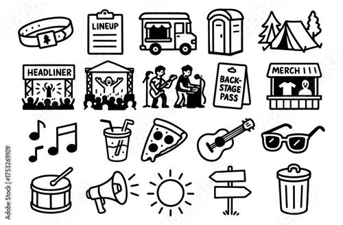Hand drawn music festival icons: camping, food, and entertainment essentials