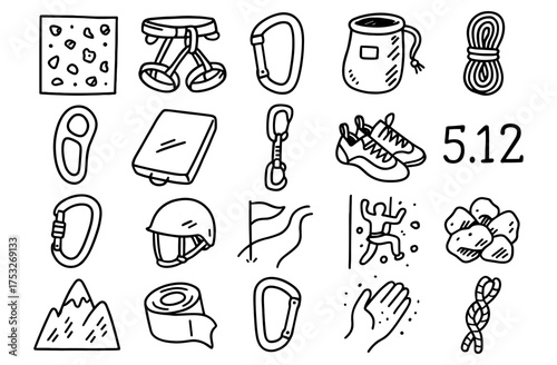 Hand drawn climbing gear icons featuring ropes, shoes, and helmets