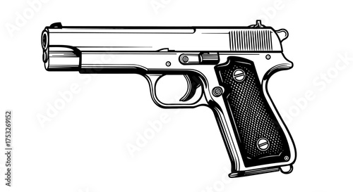 Detailed black and white handgun drawing in classic style