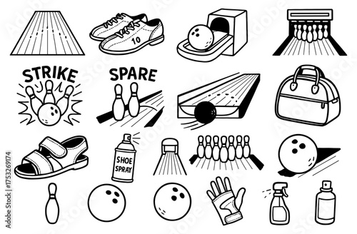 Bowling essentials: classic icon set featuring balls, pins, and accessories