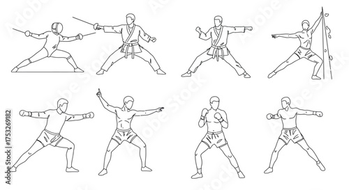 Outline sketches of martial arts and sports combat poses