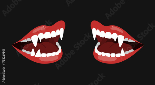 Illustration of red vampire mouths with fangs on black background