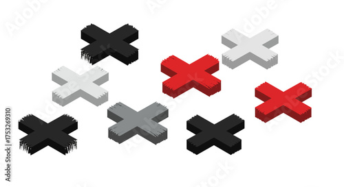Abstract 3d crosses in red, black, white, and gray hues