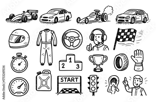 Hand drawn racing elements: cars, gear, flags, trophies, and more in sketch style