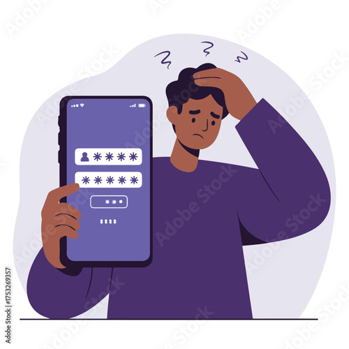 Person with hand on head looking confused at phone displaying password fields
