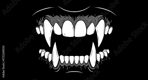 Fierce monochrome vampire fangs with open mouth on black background