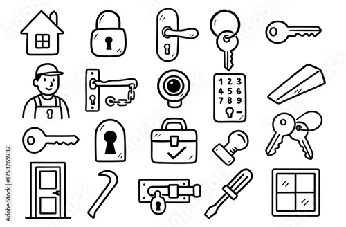 Hand drawn security elements featuring locks, keys, and tools for home safety themes