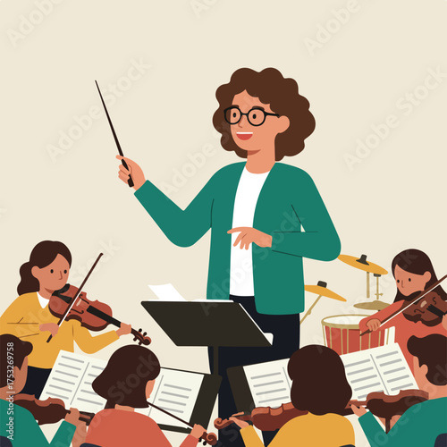 Conductor leads ensemble of musicians playing violins and drums with sheet music