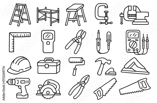 Hand drawn outline tools set: essential construction and carpentry equipment