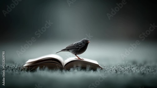 A Bird Stands Quietly on a Book, Feeling the Serenity of Reading