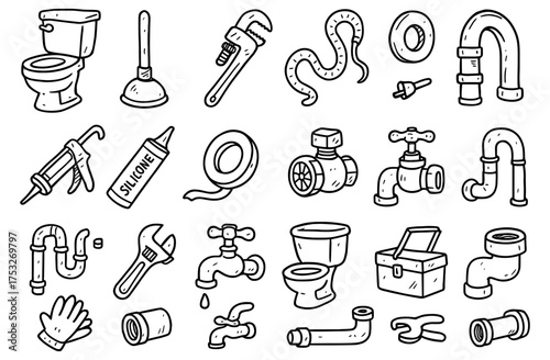 Hand-drawn plumbing tools and accessories collection