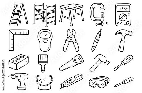 Hand-drawn construction and tool icons set featuring various working tools