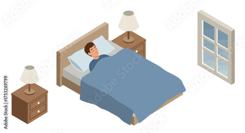 Cozy bedroom with sleeping person in isometric style with furniture and window