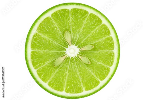 Isolated green lime slice, refreshing citrus fruit with juicy pulp and seeds indoors