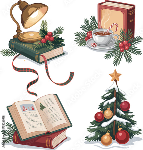 Cozy christmas reading book decorations and festive tree elements