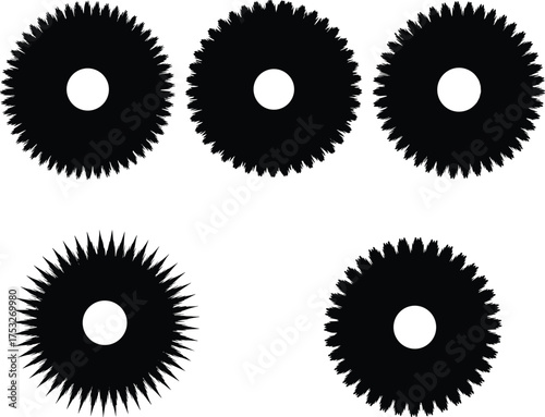 Black gear shapes, circular saw blades, mechanical design, industrial texture, spiked wheels, abstract symmetry, engineering concept, gear teeth, vector illustration, silhouette style