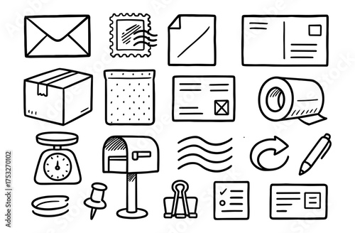 Doodle style mail and office supplies icons: envelopes, boxes, postage, and more