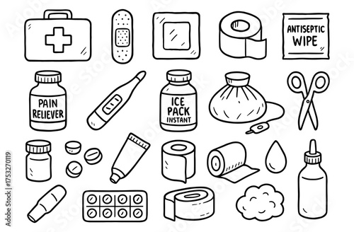 Hand drawn first aid kit items collection with medicine and bandages