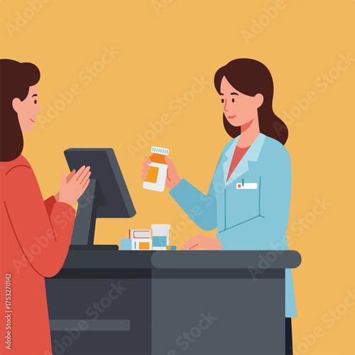 Pharmacist hands a prescription bottle to a customer at the counter