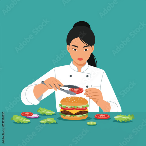 A chef in uniform carefully places a slice of tomato on a large burger