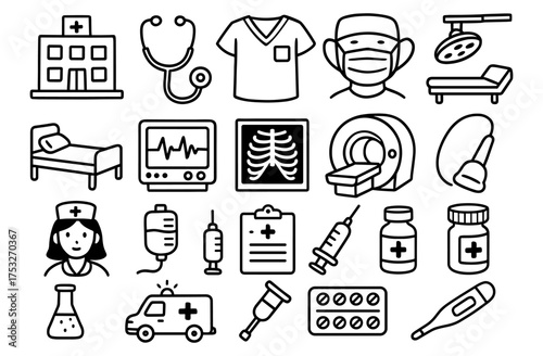 Linear healthcare icons set: medical equipment, hospitals, doctors, and supplies