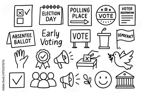 Hand drawn election day icons: voting, polling, democracy, civic participation