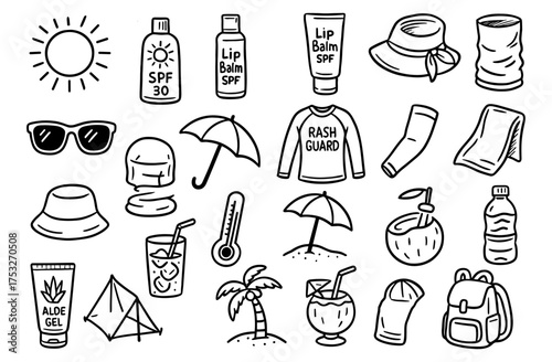 Summer essentials doodle: sunscreen, beach gear, and refreshing drinks for a fun day out