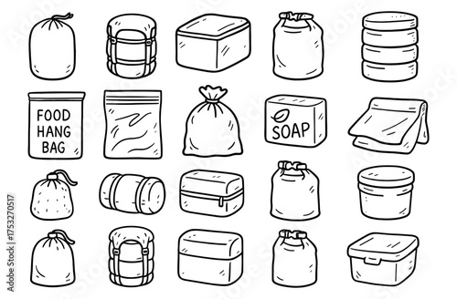 Hand-drawn camping gear icons: bags, pouch, soap and more in doodle style