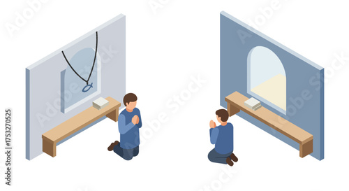 Isometric meditation and reflection: two people kneeling in contemplative spaces