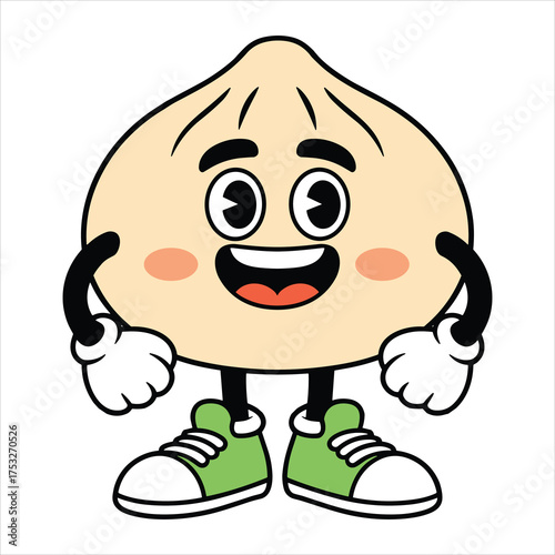Cartoon dumpling character with happy expression and green sneakers food