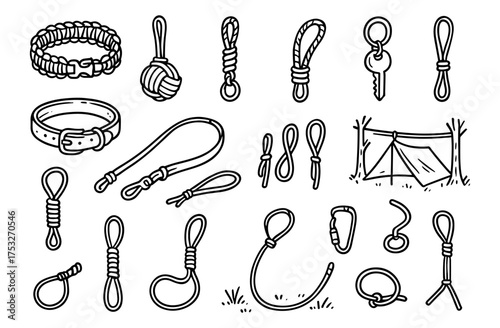 Hand drawn rope knots and camping equipment in black and white doodle style