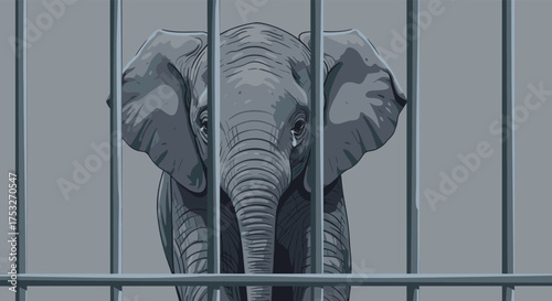 A close up pixel art depiction of a young elephant behind prison bars looking sad and dejected.
