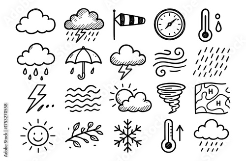 Weather doodle icons collection: sun, rain, clouds, storms, and thermometers