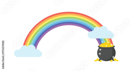 A vibrant rainbow arches across the sky leading to a pot of gold and fluffy clouds.