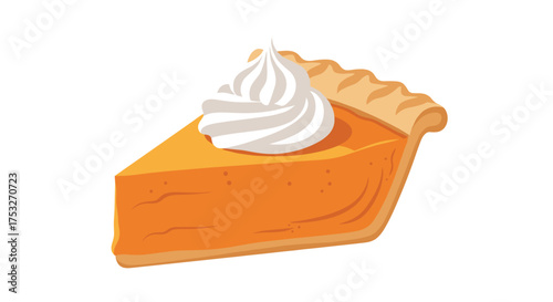 A delicious slice of pumpkin pie topped with whipped cream is a perfect autumn dessert for holidays.
