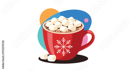 Cozy winter mug of hot chocolate with marshmallows and abstract background.