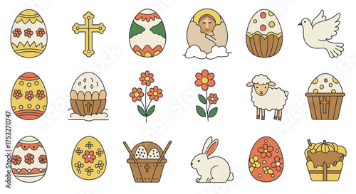 Easter icons collection with eggs, cross, lamb, bunny, and dove in bright colors