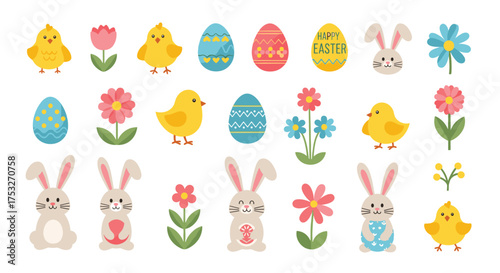 Cute easter elements collection with bunnies chicks flowers and decorated eggs.