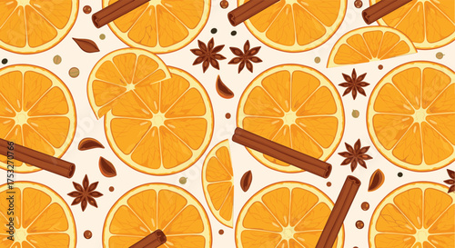 A vibrant pattern of sliced oranges and warm spices.