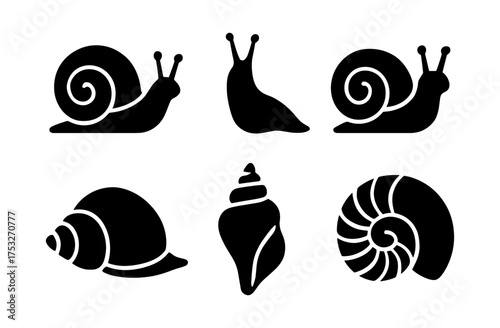 Silhouette collection of snail and shell icons for nature and marine themes