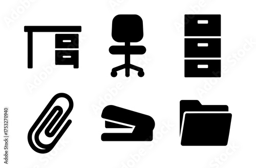 Office supply icons in silhouette style for modern workspace design