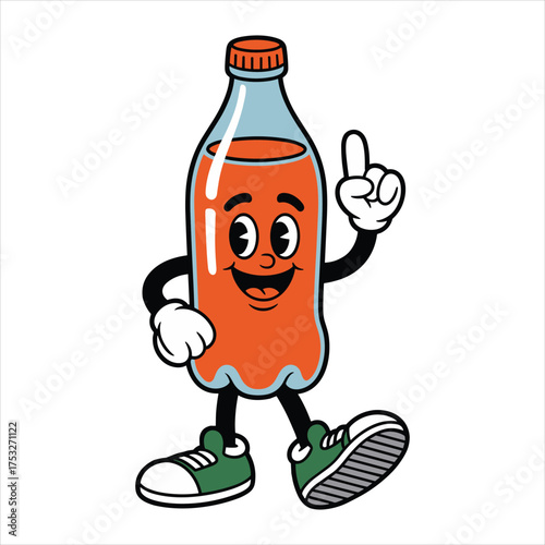 Cartoon soda bottle character pointing finger on white background Keywords: soda, bottle, cartoon