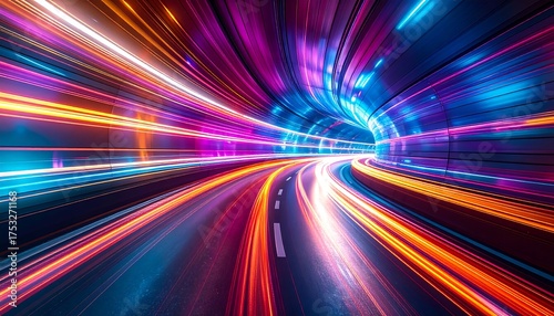 Abstract light trails in a futuristic tunnel representing highspeed data transfer and modern technology.