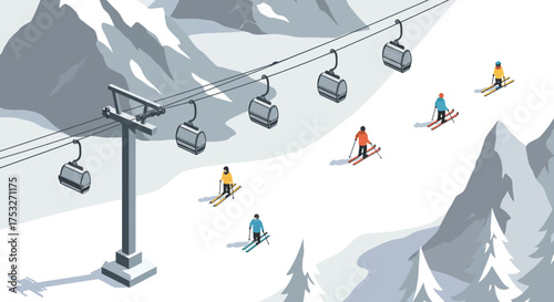 Winter adventure: skiers on the slopes with chairlift in mountain landscape