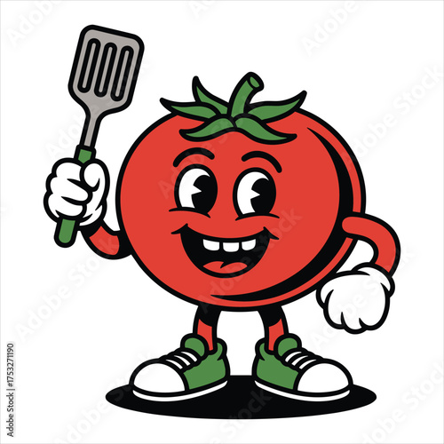 Cartoon tomato character holding a spatula on white background Keywords: tomato, cartoon, character