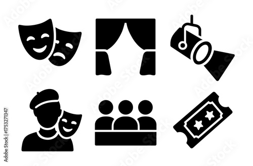 Theater icons set featuring masks, stage curtains, spotlight, audience, artist, and ticket