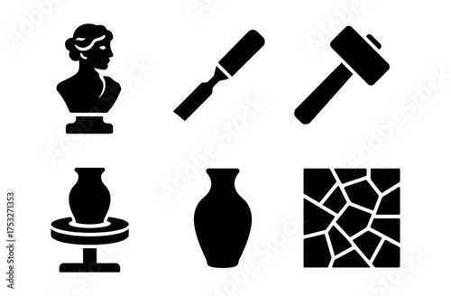 Silhouette icons of sculpture and pottery tools with mosaic pattern