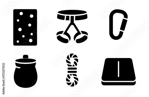 Essential climbing gear icons: harness, carabiner, rope, chalk bag, crash pad, handholds